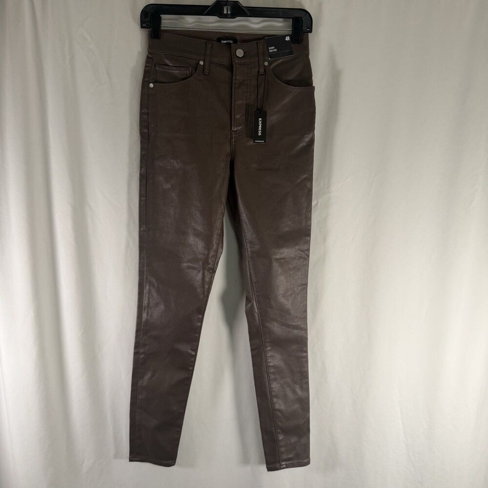 New Express Faux Leather Pants Women's 4R Brown Skinny High Rise 5 Pocket